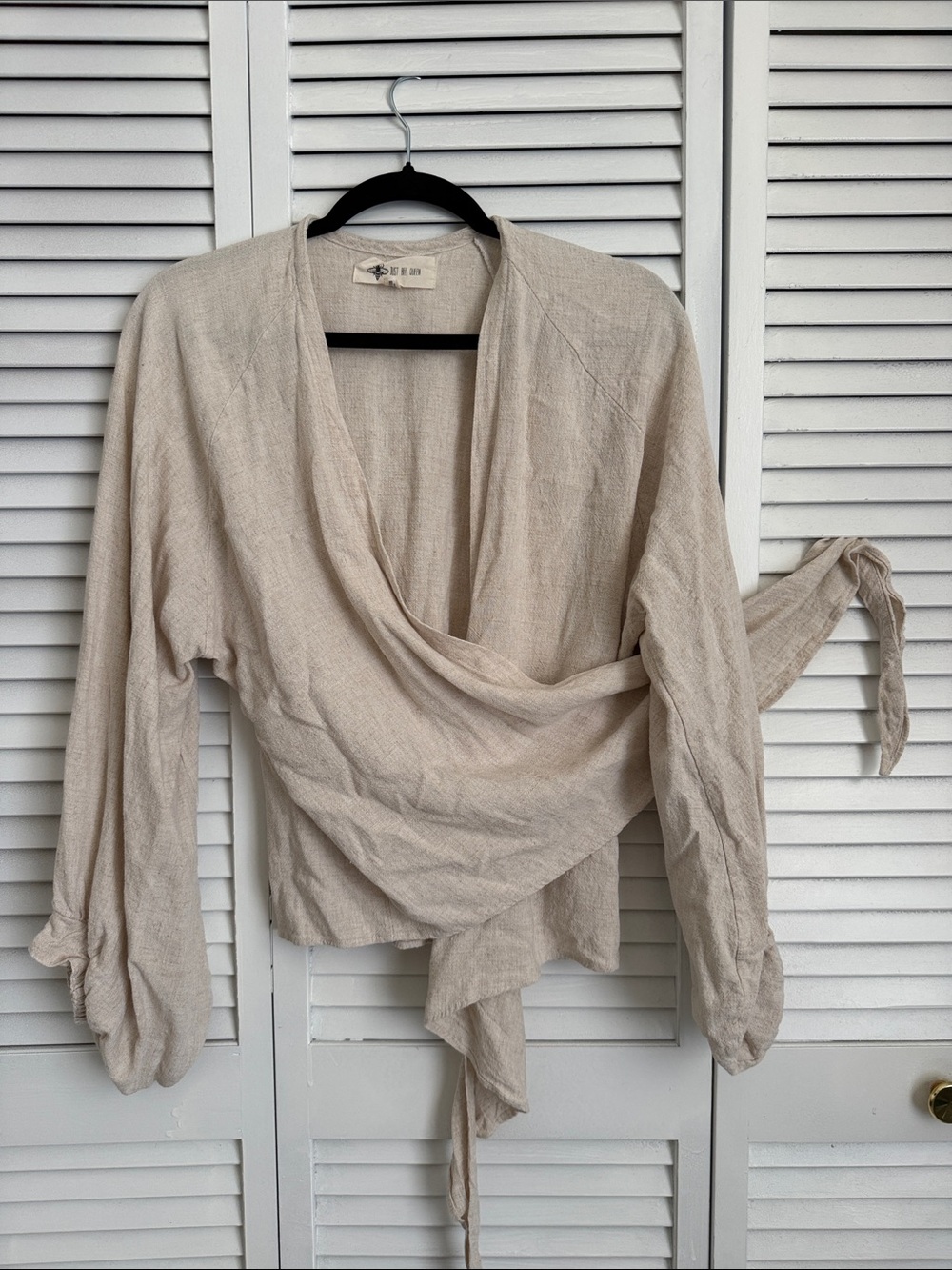 Beige Wrap-Style Blouse with Tie Waist